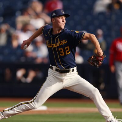 PHOENIX, AZ - MARCH 16: Jacob Misiorowski #38 of the Milwaukee Brewers pitches during the game between the Cincinnati Reds and the Milwaukee Brewers at American Family Fields of Phoenix on Sunday, March 16, 2025 in Phoenix, Arizona. (Photo by Marison Bilagody/MLB Photos via Getty Images)