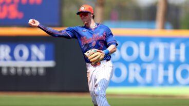 PORT ST. LUCIE, FLORIDA - MARCH 13: Brett Baty #7 of the New York Mets throws to first base against the Boston Red Sox in the third inning during a spring training game at Clover Park on March 13, 2025 in Port St. Lucie, Florida. (Photo by Megan Briggs/Getty Images)
