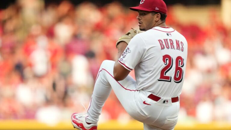 CINCINNATI, OHIO - JUNE 24: Chase Burns #26 of the Cincinnati Reds seen in action during the game against the New York Yankees at Great American Ball Park on June 24, 2025 in Cincinnati, Ohio. This was Burns' MLB Debut. (Photo by Jason Mowry/Getty Images)
