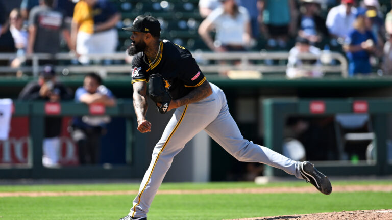 Dennis Santana of the Pittsburgh Pirates throws a pitch during the seventh inning of a spring training game against the Minnesota Twins at Lee Health Sports Complex.