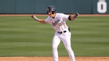 Georgia Tech outfielder Drew Burress reacts after hitting a double during the men's college baseball game between the Georgia Bulldogs and the Georgia Tech Yellow Jackets.