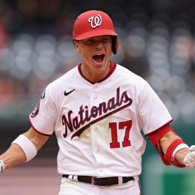 WASHINGTON, DC - MAY 04: Alex Call #17 of the Washington Nationals celebrates as he rounds the bases after hitting a walk-off home run against the Chicago Cubs during the ninth inning at Nationals Park on May 04, 2023 in Washington, DC. (Photo by Patrick Smith/Getty Images)