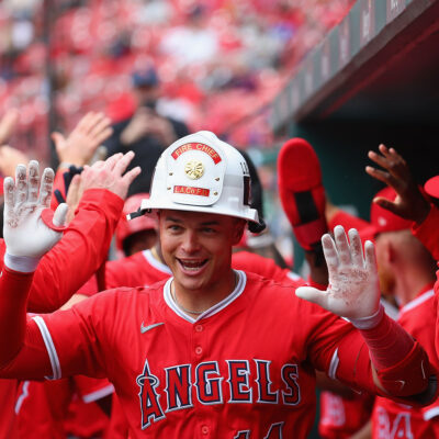 ST LOUIS, MISSOURI - APRIL 2: Logan O'Hoppe #14 of the Los Angeles Angels celebrates after hitting a grand slam against the St. Louis Cardinals in the seventh inning at Busch Stadium on April 2, 2025 in St Louis, Missouri. (Photo by Dilip Vishwanat/Getty Images)