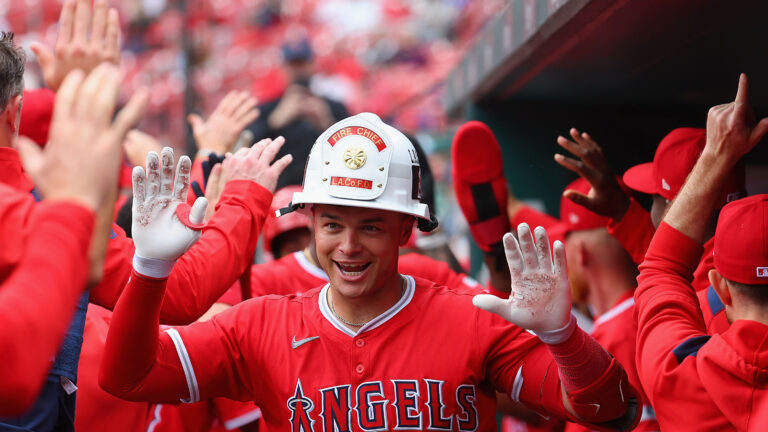 ST LOUIS, MISSOURI - APRIL 2: Logan O'Hoppe #14 of the Los Angeles Angels celebrates after hitting a grand slam against the St. Louis Cardinals in the seventh inning at Busch Stadium on April 2, 2025 in St Louis, Missouri. (Photo by Dilip Vishwanat/Getty Images)