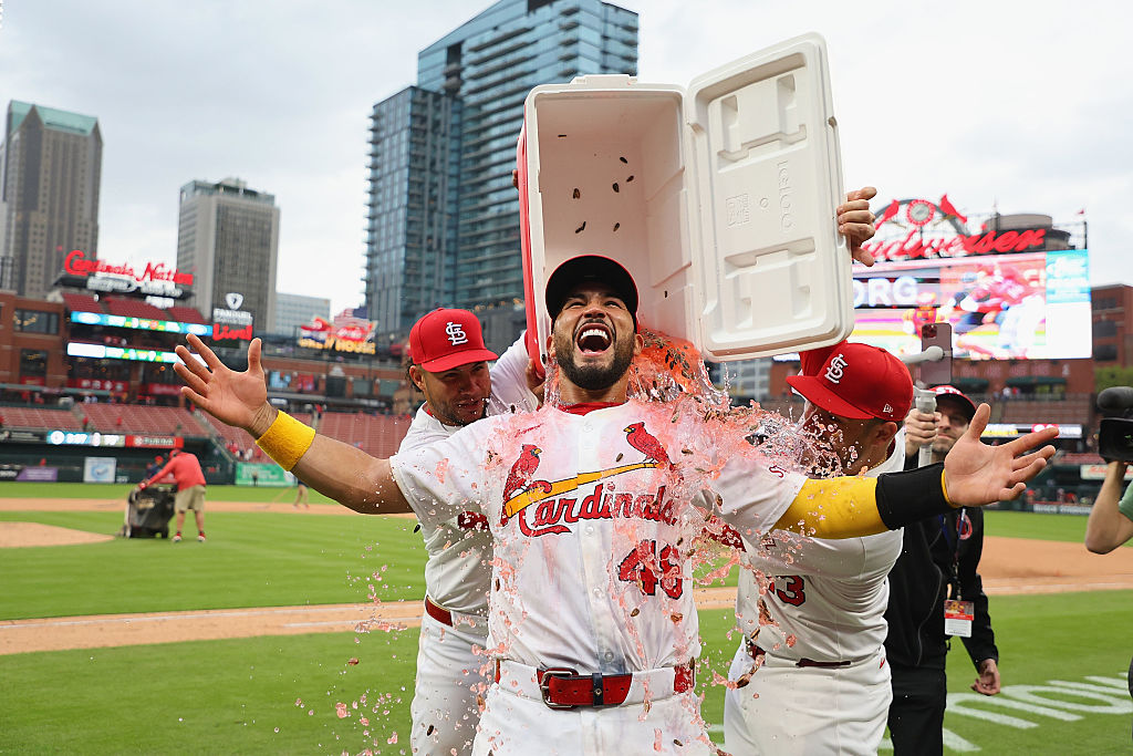ST LOUIS, MISSOURI - APRIL 2: Willson Contreras #40 and Pedro Pagés #43 both of the St. Louis Cardinals dump a cooler on Iván Herrera #48 of the St. Louis Cardinals after Herrera hit three home runs in a game against the Los Angeles Angels at Busch Stadium on April 2, 2025 in St Louis, Missouri. (Photo by Dilip Vishwanat/Getty Images)