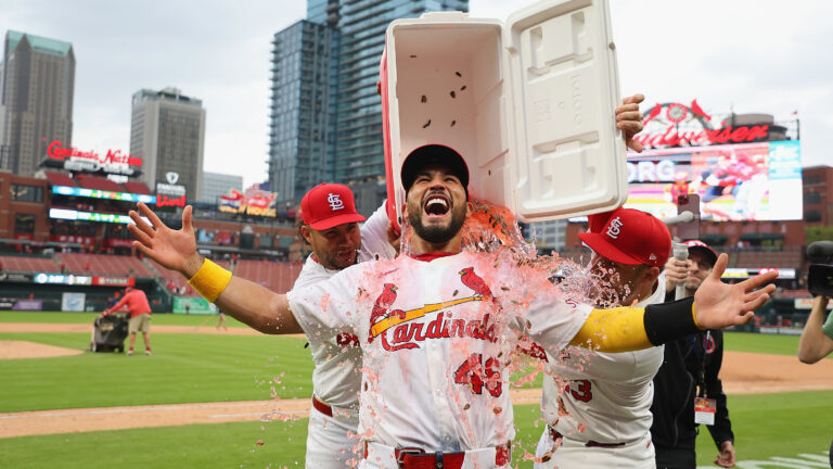 ST LOUIS, MISSOURI - APRIL 2: Willson Contreras #40 and Pedro Pagés #43 both of the St. Louis Cardinals dump a cooler on Iván Herrera #48 of the St. Louis Cardinals after Herrera hit three home runs in a game against the Los Angeles Angels at Busch Stadium on April 2, 2025 in St Louis, Missouri. (Photo by Dilip Vishwanat/Getty Images)
