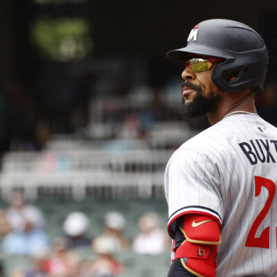 ATLANTA, GA - APRIL 20: Byron Buxton #25 of the Minnesota Twins prepares for his at bat during the MLB game between the Minnesota Twins and the Atlanta Braves on April 20, 2025 at TRUIST Park in Atlanta, GA. (Photo by Jeff Robinson/Icon Sportswire via Getty Images)