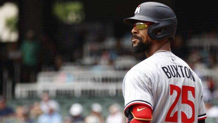 ATLANTA, GA - APRIL 20: Byron Buxton #25 of the Minnesota Twins prepares for his at bat during the MLB game between the Minnesota Twins and the Atlanta Braves on April 20, 2025 at TRUIST Park in Atlanta, GA. (Photo by Jeff Robinson/Icon Sportswire via Getty Images)