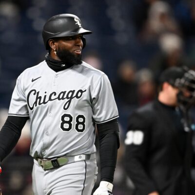 CLEVELAND, OHIO - APRIL 09: Luis Robert Jr. #88 of the Chicago White Sox reacts after striking out during the ninth inning against the Cleveland Guardians at Progressive Field on April 09, 2025 in Cleveland, Ohio. (Photo by Nick Cammett/Diamond Images via Getty Images)