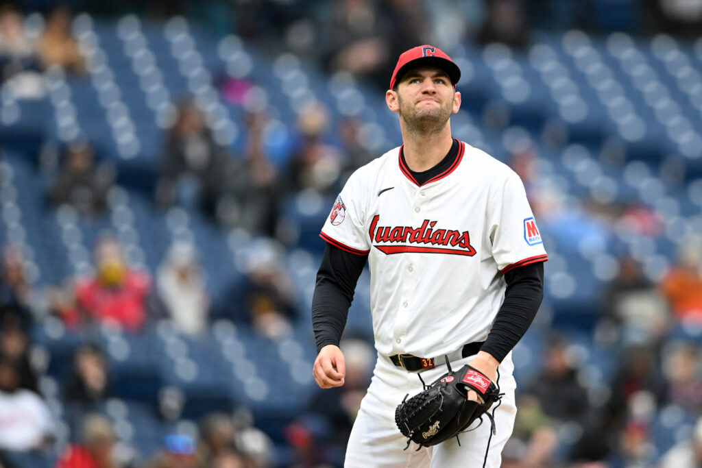 CLEVELAND, OHIO - APRIL 10: Gavin Williams #32 of the Cleveland Guardians looks on during the third inning against the Chicago White Sox at Progressive Field on April 10, 2025 in Cleveland, Ohio. (Photo by Nick Cammett/Diamond Images via Getty Images)