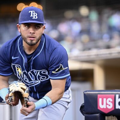 SAN DIEGO, CALIFORNIA - APRIL 25: Jonathan Aranda #62 of the Tampa Bay Rays runs onto the field before the game against the San Diego Padres at Petco Park on April 25, 2025 in San Diego, California. (Photo by Orlando Ramirez/Getty Images)
