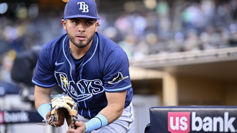 SAN DIEGO, CALIFORNIA - APRIL 25: Jonathan Aranda #62 of the Tampa Bay Rays runs onto the field before the game against the San Diego Padres at Petco Park on April 25, 2025 in San Diego, California. (Photo by Orlando Ramirez/Getty Images)