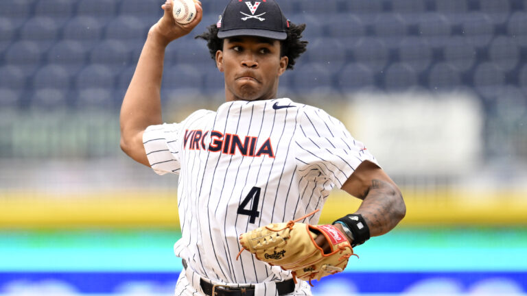 Jay Woolfolk of the Virginia Cavaliers throws a pitch against the North Carolina Tar Heels in the eighth inning during the ACC Baseball Championship at Durham Bulls Athletic Park.