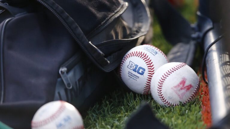 BLOOMINGTON, IN - APRIL 28: The B1G logo on a baseball that sits in the bullpen during a college baseball game between the Maryland Terrapins and the Indiana Hoosiers on April 28, 2023 at Bart Kaufman Field, in Bloomington, IN. (Photo by Jeffrey Brown/Icon Sportswire via Getty Images)