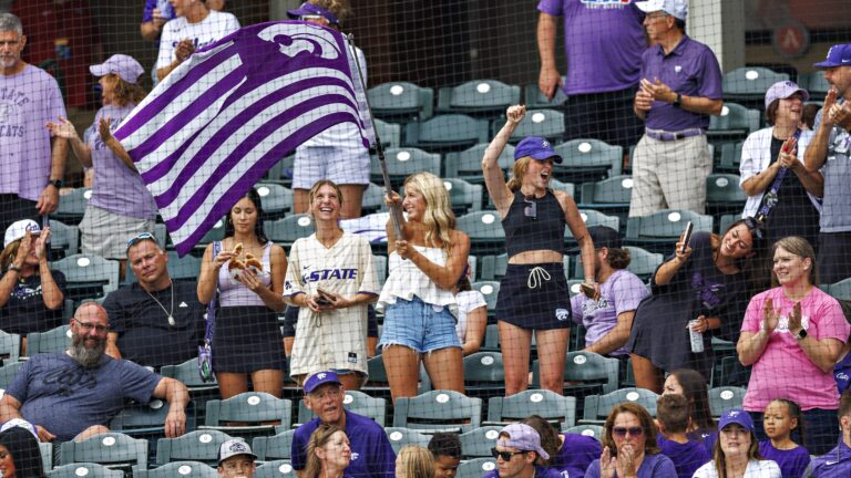 FAYETTEVILLE, ARKANSAS - JUNE 02: Fans of the Kansas State Wildcats cheer during the NCAA Division 1 Baseball Regional tournament against the Southeast Missouri Redhawks at Baum Walker Stadium on June 02, 2024 in Fayetteville, Arkansas. The Wildcats defeated the Redhawks 7-2. (Photo by Wesley Hitt/Getty Images)
