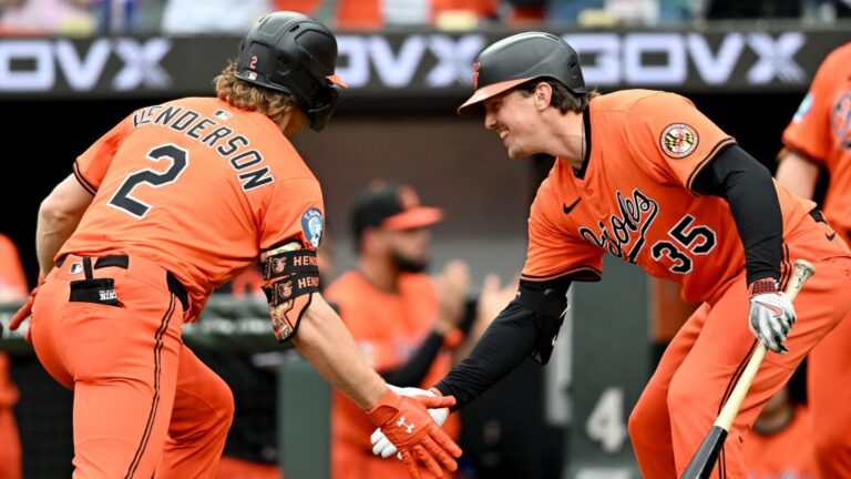 Gunnar Henderson of the Baltimore Orioles celebrates with Adley Rutschman after hitting a home run against the Cincinnati Reds at Oriole Park at Camden Yards.