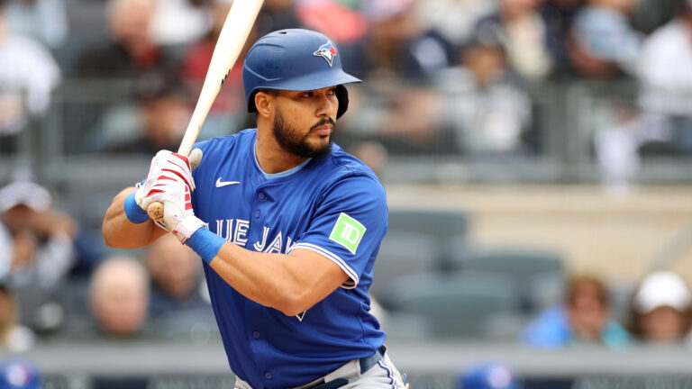 NEW YORK, NEW YORK - APRIL 27: Anthony Santander #25 of the Toronto Blue Jays bats in the first inning against the New York Yankees during game one of a doubleheader at Yankee Stadium on April 27, 2025 in New York City. The New York Yankees defeated the Toronto Blue Jays 11-2. (Photo by Evan Bernstein/Getty Images)
