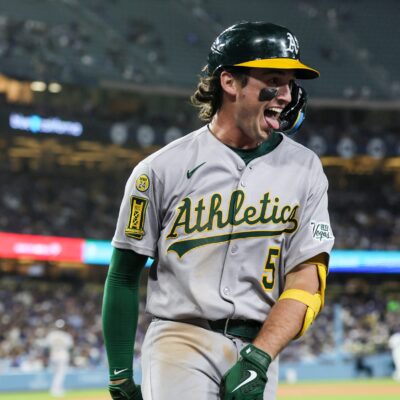 Los Angeles, CA, Tuesday, May 13, 2025 - Athletics shortstop Jacob Wilson (5) celebrates his second two-run homer off Los Angeles Dodgers pitcher Landon Knack (96) in the 5th inning at Dodger Stadium. (Robert Gauthier/Los Angeles Times via Getty Images)
