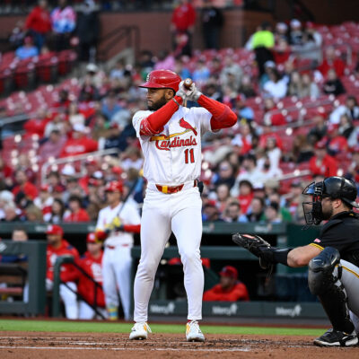 ST LOUIS, MISSOURI - MAY 5: Victor Scott II #11 of the St. Louis Cardinals at bat against the Pittsburgh Pirates at Busch Stadium on May 5, 2025 in St Louis, Missouri. (Photo by Joe Puetz/Getty Images)