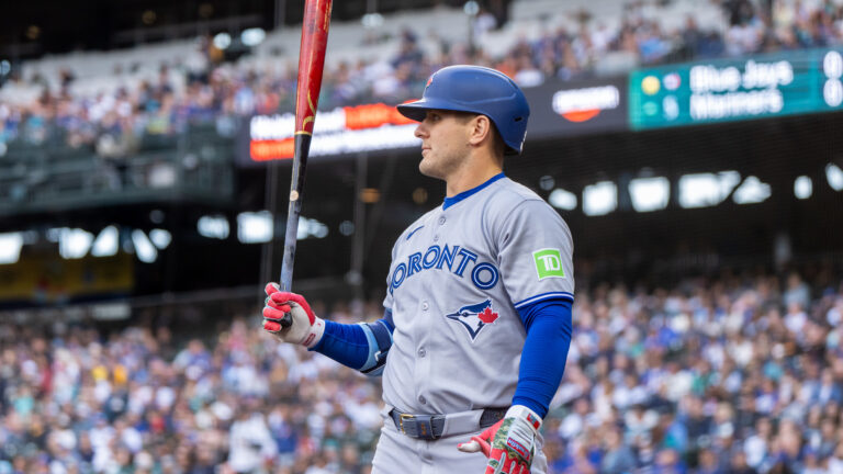 SEATTLE, WA - MAY 10: Daulton Varsho #5 of the Toronto Blue Jays warms up in the on deck circle before an at-bat during a game against the Toronto Blue Jays at T-Mobile Park on May 10, 2025 in Seattle, Washington. The Blue Jays own 6-3. (Photo by Stephen Brashear/Getty Images)