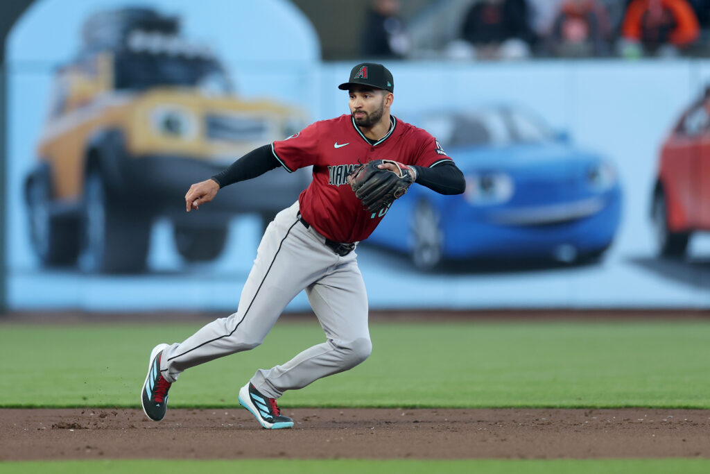 SAN FRANCISCO, CALIFORNIA - MAY 13: Jordan Lawlar #10 of the Arizona Diamondbacks plays shortstop against the San Francisco Giants in the first inning at Oracle Park on May 13, 2025 in San Francisco, California. (Photo by Ezra Shaw/Getty Images)
