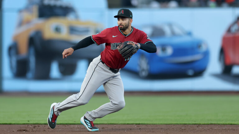SAN FRANCISCO, CALIFORNIA - MAY 13: Jordan Lawlar #10 of the Arizona Diamondbacks plays shortstop against the San Francisco Giants in the first inning at Oracle Park on May 13, 2025 in San Francisco, California. (Photo by Ezra Shaw/Getty Images)