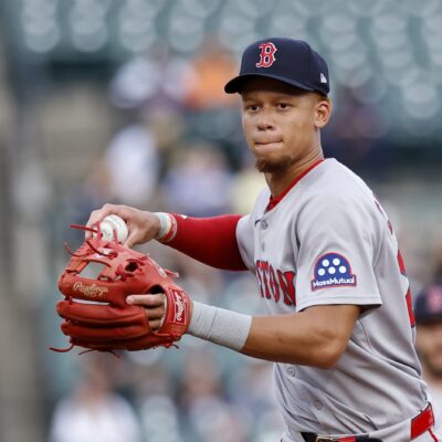 DETROIT, MI - MAY 12: Second baseman Kristian Campbell #28 of the Boston Red Sox throws out Colt Keith of the Detroit Tigers at first base during the first inning at Comerica Park on May 12, 2025 in Detroit, Michigan. (Photo by Duane Burleson/Getty Images)