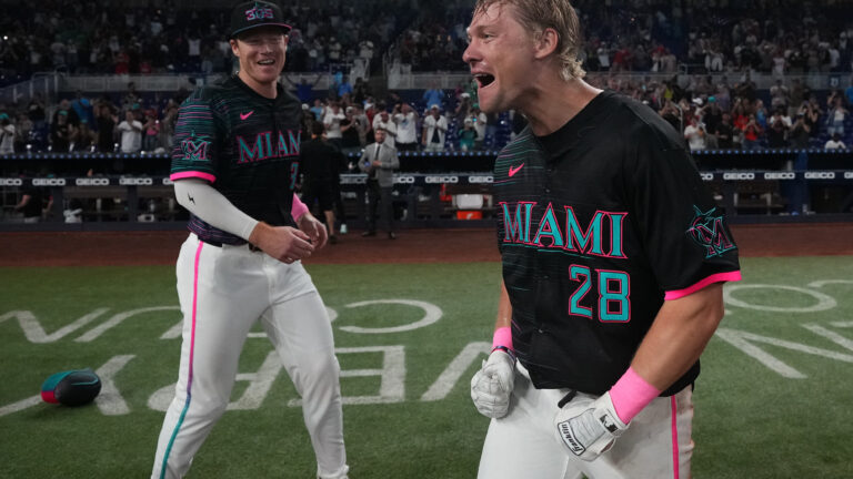 MIAMI, FLORIDA - MAY 3: Kyle Stowers #28 of the Miami Marlins celebrates with teammates after hitting a walk off grand slam home run against the Athletics at loanDepot park on May 3, 2025 in Miami, Florida. (Photo by Jasen Vinlove/Miami Marlins/Getty Images)