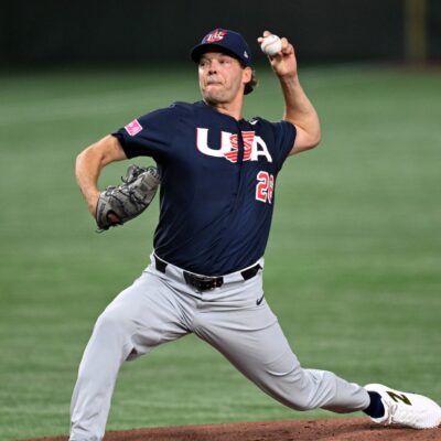 Pitcher Rich Hill of the United States throws in the first inning during the WBSC Premier12 Super Round game between United States and Japan at Tokyo Dome.