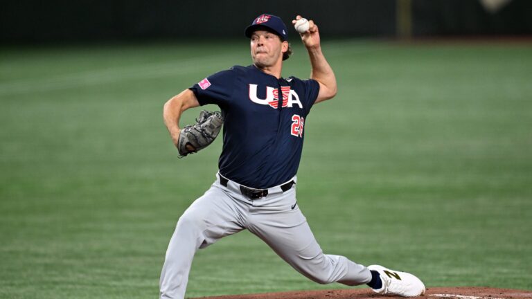 Pitcher Rich Hill of the United States throws in the first inning during the WBSC Premier12 Super Round game between United States and Japan at Tokyo Dome.