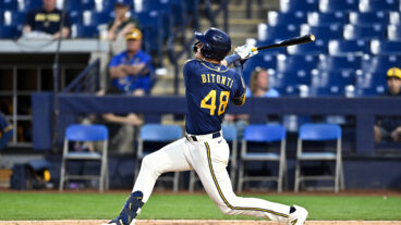 Eric Bitonti #48 of the Milwaukee Brewers bats during the fifth inning of a spring training Spring Breakout game against the Cincinnati Reds at American Family Fields of Phoenix.