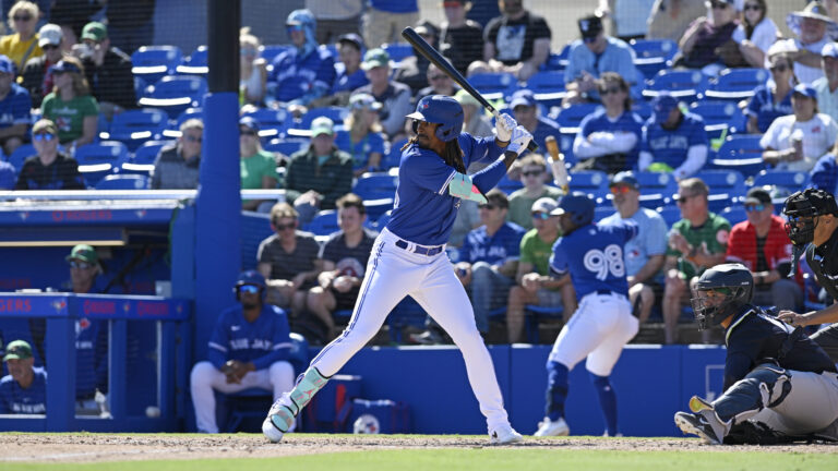 DUNEDIN, FLORIDA - MARCH 17, 2025: Je'Von Ward #95 of the Toronto Blue Jays bats during the eighth inning of a spring training game against the New York Yankees at TD Ballpark on March 17, 2025 in Dunedin, Florida. (Photo by George Kubas/Diamond Images via Getty Images)