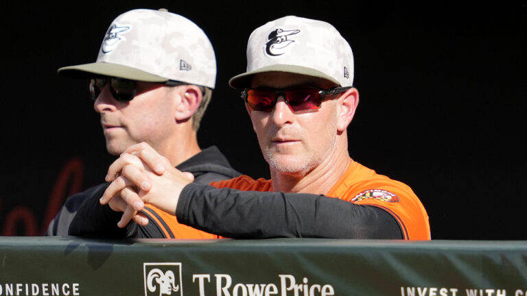 BALTIMORE, MD - MAY 17: Interim manager Tony Mansolino #36 of the Baltimore Orioles looks on during a baseball game against the Washington Nationals at Oriole Park at Camden Yards on May 17, 2025 in Baltimore, Maryland. (Photo by Mitchell Layton/Getty Images)
