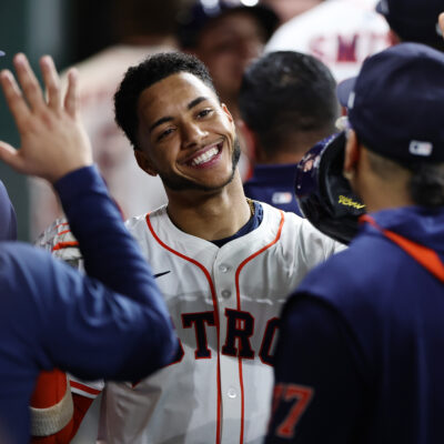 Jeremy Peña of the Houston Astros celebrates after hitting a two-run home run during the second inning against the Athletics at Daikin Park.