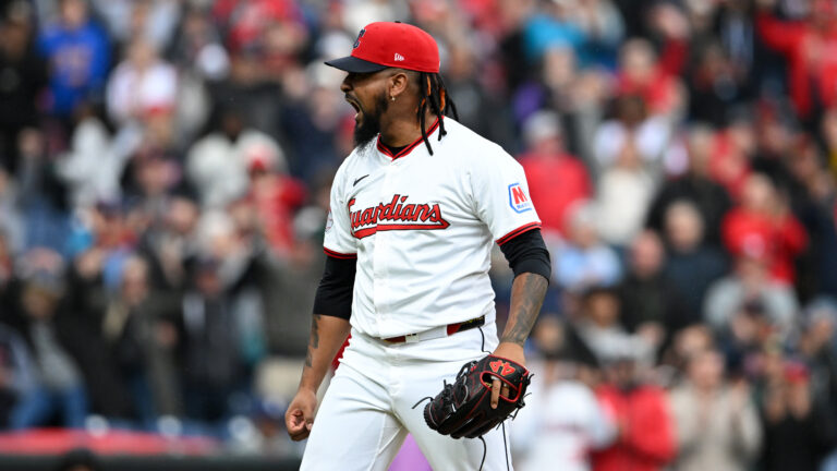 CLEVELAND, OHIO - MAY 28: Emmanuel Clase #48 of the Cleveland Guardians celebrates the team's 7-4 win over the Los Angeles Dodgers at Progressive Field on May 28, 2025 in Cleveland, Ohio. (Photo by Nick Cammett/Diamond Images via Getty Images)