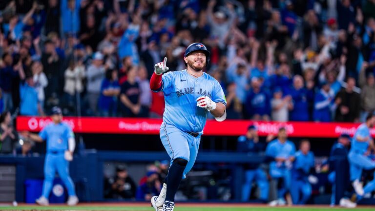 TORONTO, CANADA - APRIL 30: Alejandro Kirk #30 of the Toronto Blue Jays celebrates after hitting a walk off single against the Boston Red Sox at the Rogers Centre on Wednesday, April 30, 2025 in Toronto, Ontario, Canada. (Photo by Bailey McLean/Toronto Blue Jays/MLB Photos via Getty Images