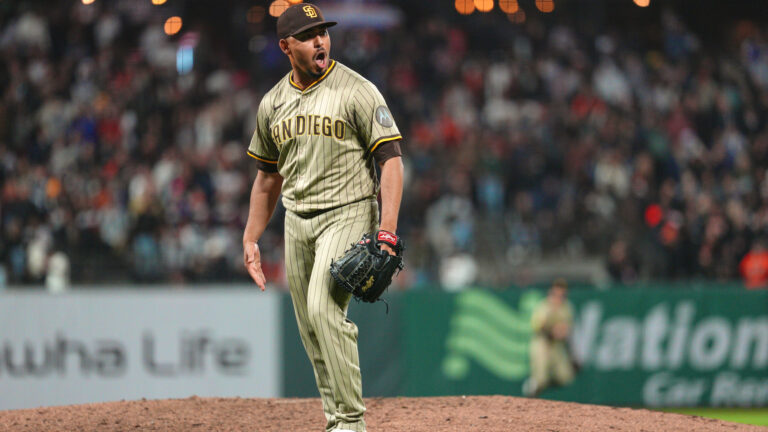 SAN FRANCISCO, CA - JUNE 03: Jeremiah Estrada #56 of the San Diego Padres celebrates during the game between the San Diego Padres and the San Francisco Giants at Oracle Park on Tuesday, June 3, 2025 in San Francisco, California. (Photo by Emilee Fails/MLB Photos via Getty Images)