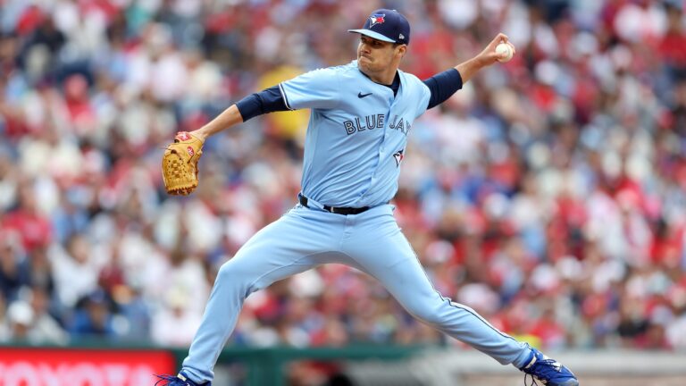 PHILADELPHIA, PENNSYLVANIA - JUNE 14: Brendon Little #54 of the Toronto Blue Jays throws a pitch in the fourth inning during a game against the Philadelphia Phillies at Citizens Bank Park on June 14, 2025 in Philadelphia, Pennsylvania. The Phillies won 3-2. (Photo by Hunter Martin/Getty Images)