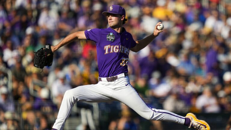 OMAHA, NEBRASKA - JUNE 21: Kade Anderson #32 of the LSU Tigers pitches during the first inning against the Coastal Carolina Chanticleers at Charles Schwab Field on June 21, 2025 in Omaha, Nebraska. (Photo by Jay Biggerstaff/Getty Images)