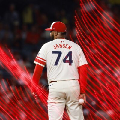 Kenley Jansen of the Los Angeles Angels looks on during the game between the Seattle Mariners and the Los Angeles Angels at Angel Stadium of Anaheim.