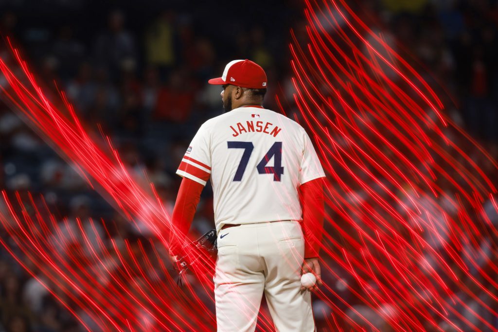 Kenley Jansen of the Los Angeles Angels looks on during the game between the Seattle Mariners and the Los Angeles Angels at Angel Stadium of Anaheim.