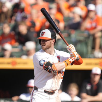Ryan O'Hearn of the Baltimore Orioles prepares for a pitch during a baseball game against the St. Louis Cardinals at Oriole Park at Camden Yards.