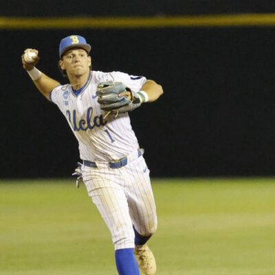 UCLA infielder Roch Cholowsky fields the ball at the NCAA baseball regional tournament game between UCLA and UC Irvine at Jackie Robinson Stadium.