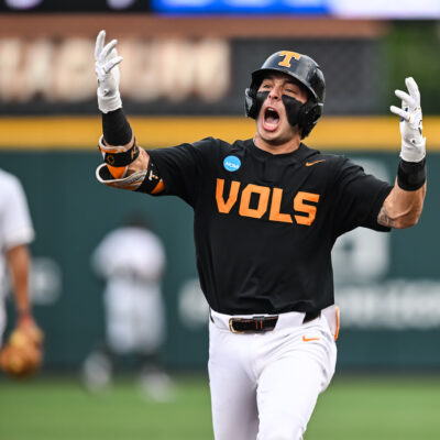 KNOXVILLE, TN - JUNE 01: Tennessee Volunteers infielder Andrew Fischer (11) celebrates his home run during the NCAA Division I Regional Tournament baseball game between the Tennessee Volunteers and the Wake Forest Demon Deacons on June 1, 2025, at Lindsey Nelson Stadium in Knoxville, TN. (Photo by Bryan Lynn/Icon Sportswire via Getty Images)