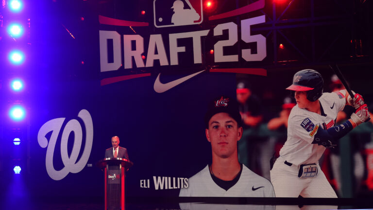 ATLANTA, GEORGIA - JULY 13: Major League Baseball commissioner Robert D. Manfred Jr. announces Eli Willits as the first overall pick in the first round of the 2025 MLB Draft, selected by the Washington Nationals, at Coca-Cola Roxy on July 13, 2025 in Atlanta, Georgia. (Photo by Jamie Squire/Getty Images)