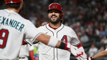 PHOENIX, ARIZONA - JULY 20: Eugenio Suarez #28 of the Arizona Diamondbacks celebrates after hitting a three run home run against the St. Louis Cardinals during the first inning at Chase Field on July 20, 2025 in Phoenix, Arizona. (Photo by Norm Hall/Getty Images)
