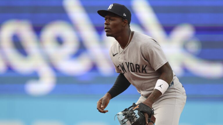 CLEVELAND, OHIO - APRIL 21: Jazz Chisholm Jr. #13 of the New York Yankees in defensive position at second base in the first inning during a game against the Cleveland Guardians at Progressive Field on April 21, 2025 in Cleveland, Ohio. (Photo by Brandon Sloter/Getty Images)