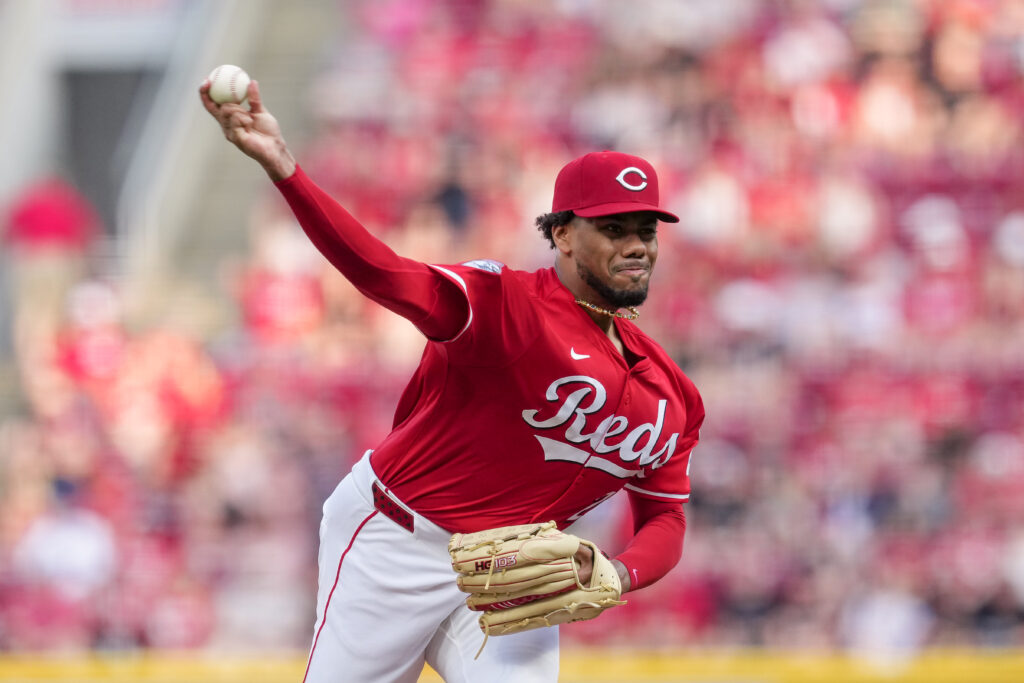 CINCINNATI, OHIO - JUNE 03: Hunter Greene #21 of the Cincinnati Reds pitches in the first inning against the Milwaukee Brewers at Great American Ball Park on June 03, 2025 in Cincinnati, Ohio. (Photo by Dylan Buell/Getty Images)