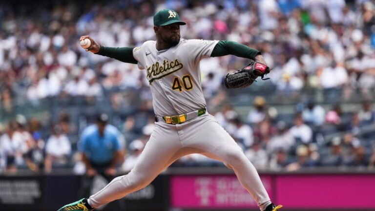 NEW YORK, NY - JUNE 29: Luis Severino #40 of the Athletics pitches during the game between the Athletics and the New York Yankees at Yankee Stadium on Sunday, June 29, 2025 in New York, New York. (Photo by Evan Yu/MLB Photos via Getty Images)