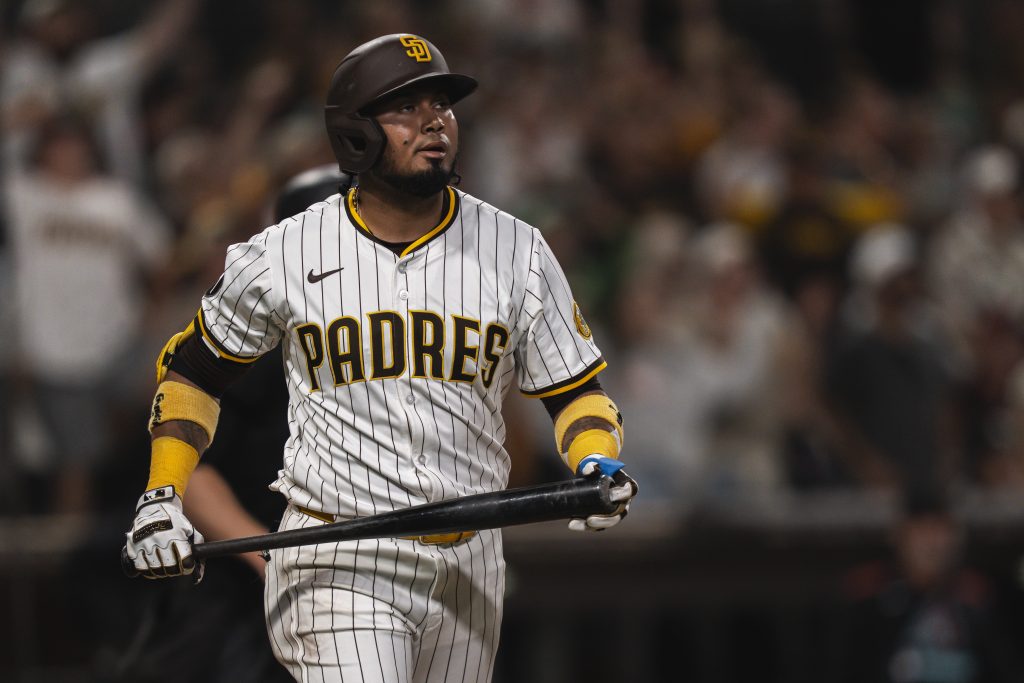 SAN DIEGO, CALIFORNIA - JULY 8: Luis Arraez #4 of the San Diego Padres celebrates after hitting a home run in the seventh inning during the game against the Arizona Diamondbacks at Petco Park on July 8, 2025 in San Diego, California. (Photo by Matt Thomas/San Diego Padres/Getty Images)